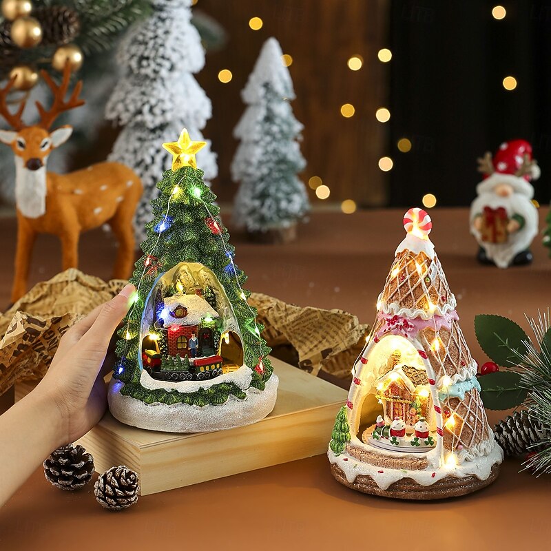 Resin Music Cottage Rotating Train LED Music Box Night Light Festive Tabletop Display for Home & Office, Christmas Decorations Battery Operated with 3 AAA Batteries (Not Included)2