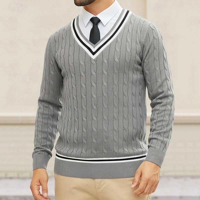 Men's Sweater Pullover Sweater Jumper Ribbed Cable Knit Regular Tops Knitted Slim Fit Plain V Neck Knitwear Contemporary Casual Daily Wear Clothing Apparel Fall Black Navy Blue M L XL3