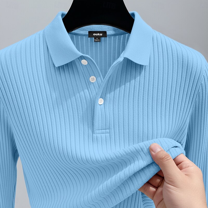Men's Rib Knit Top Muscle Shirt Street Casual Lapel Long Sleeve Basic Modern Plain Buttons Spring Fall All Seasons Slim Fit White Navy Blue Blue Gray Rib Knit Top2