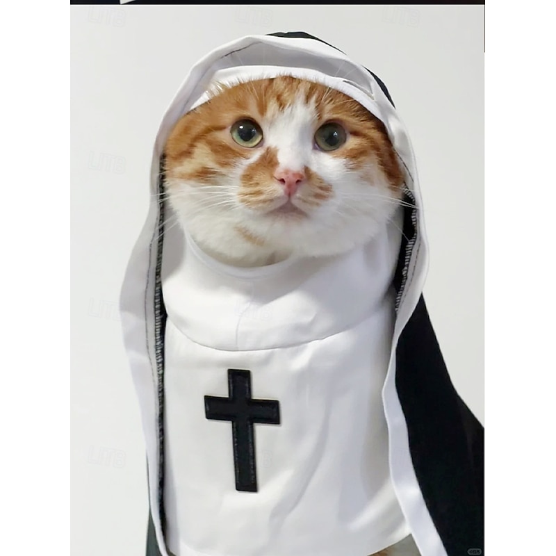 1pc Funny Pet Nun Costume for Cats & Small Dogs | Black Habit with White Collar & Cross Design, Adjustable | Perfect for Halloween, Parties & Photo Ops, Medium/Large/Small Sizes3
