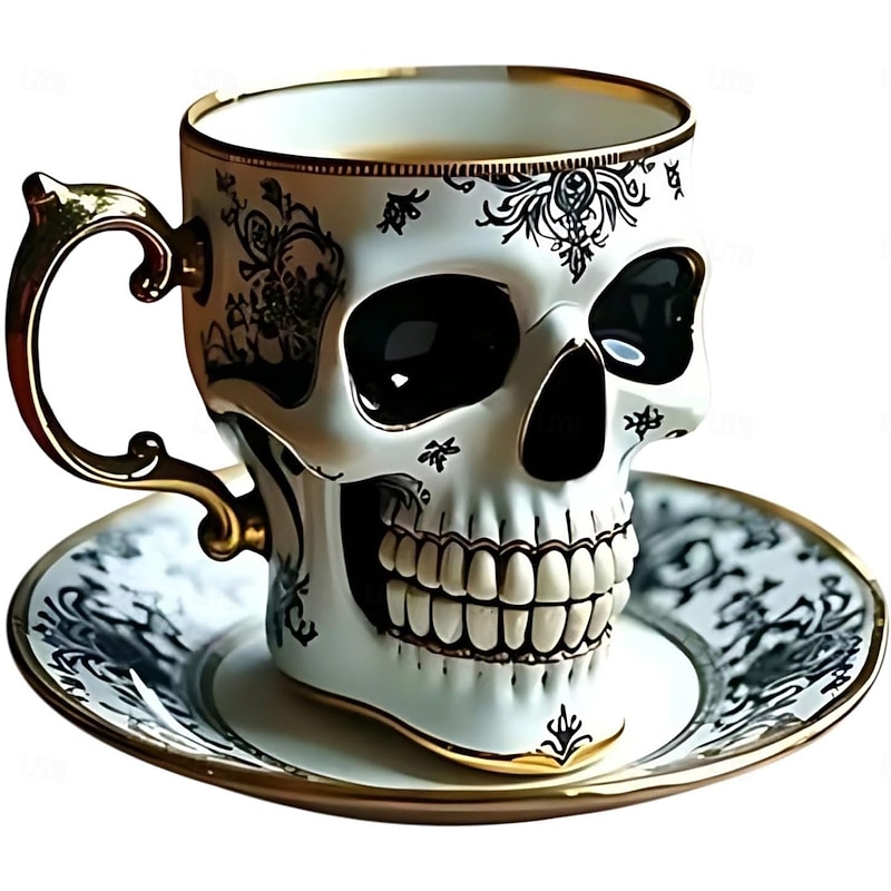 Halloween Royal Skull Coffee Mug Resin(Mug Only, Plate Not Included)Gothic Porcelain Tea Cup, Ornate Gold-Trimmed Gothic Porcelain Tea Cup, Great For Coffee Lovers And Collectors