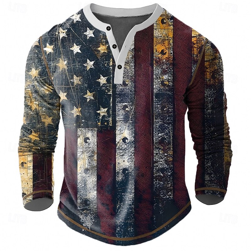 Men's Graphic Flag Henley Shirt Tee Long Sleeve Vintage Fashion Designer Outdoor Casual Daily Spring &  Fall All Seasons Navy Blue khaki Henley Henley T-Shirt