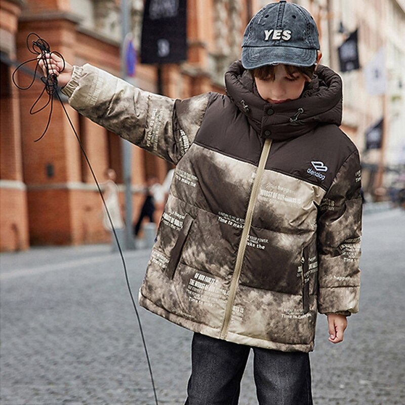 Kids Unisex Down Jacket Outdoor Jacket Puffer Jacket Outerwear Color Block Letter Long Sleeve Keep Warm Windproof Coat Outdoor Daily Basic White Brown Khaki Fall Winter 4 years+2