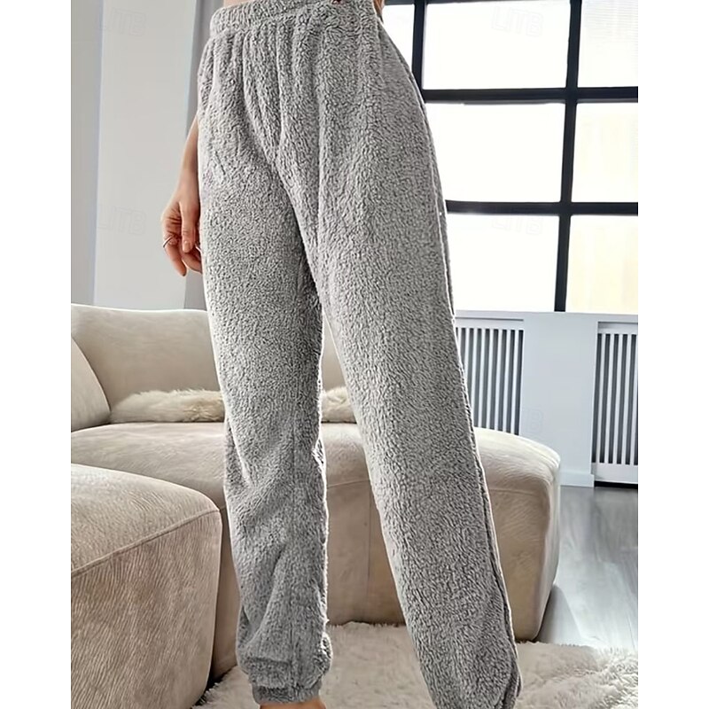 Women's Fleece Pants Pajamas Casual Full Length Medium Waist Plain Elastic Waist Thermal Warm Comfortable Micro-elastic Home Daily claret Light Gray Black Pale Pink Fall Winter Regular Fit