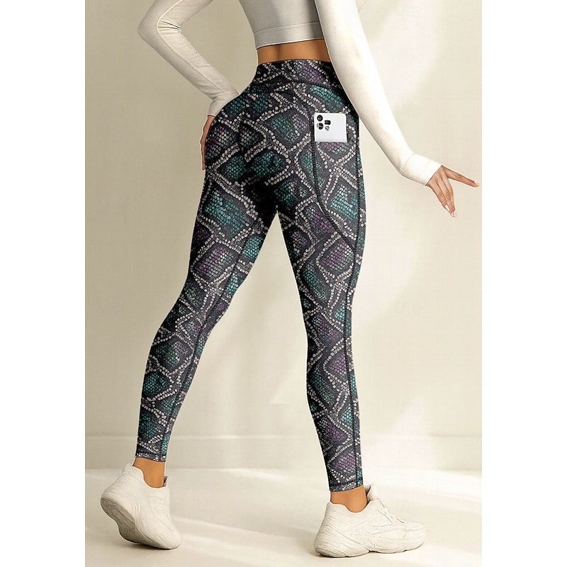 Women's pilates leggings fitness pants Gym Leggings Pockets Stamp Duty Side Pockets Pilates Gym Gym Workout Pants Tights Leggings Animal Patterned Snakeskin Dark Green Sports Activewear Stretchy3