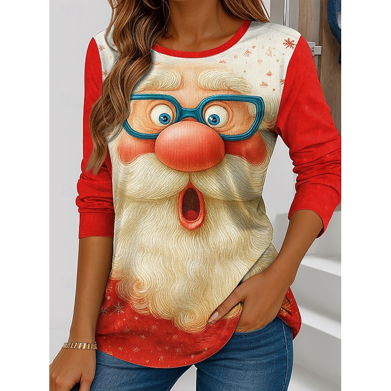 Christmas Women's T Shirt Graphic Reindeer Snowflake Vintage Stylish Classic Long Sleeve Crew Neck Regular Tops Weekend Print Wine Red Blue Dark Gray Gray Winter