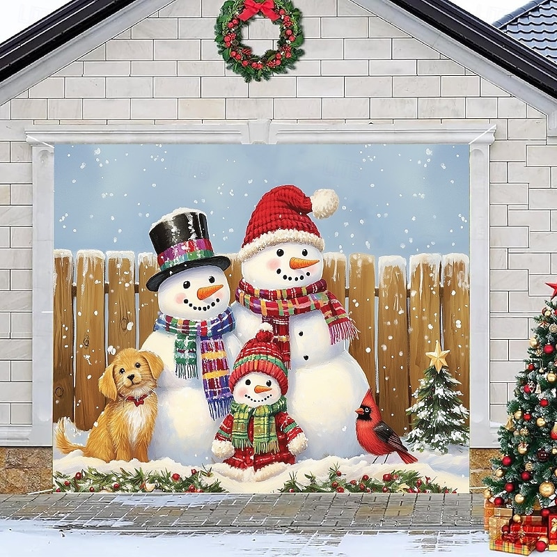 Christmas Outdoor Garage Door Cover Snowman Family Santa Hat Christmas Tree Puppy Fence Snowy Day Large Tapestry Backdrop Holiday Party Wall Decoration For Outdoor Garage Door Home Festival Decor4