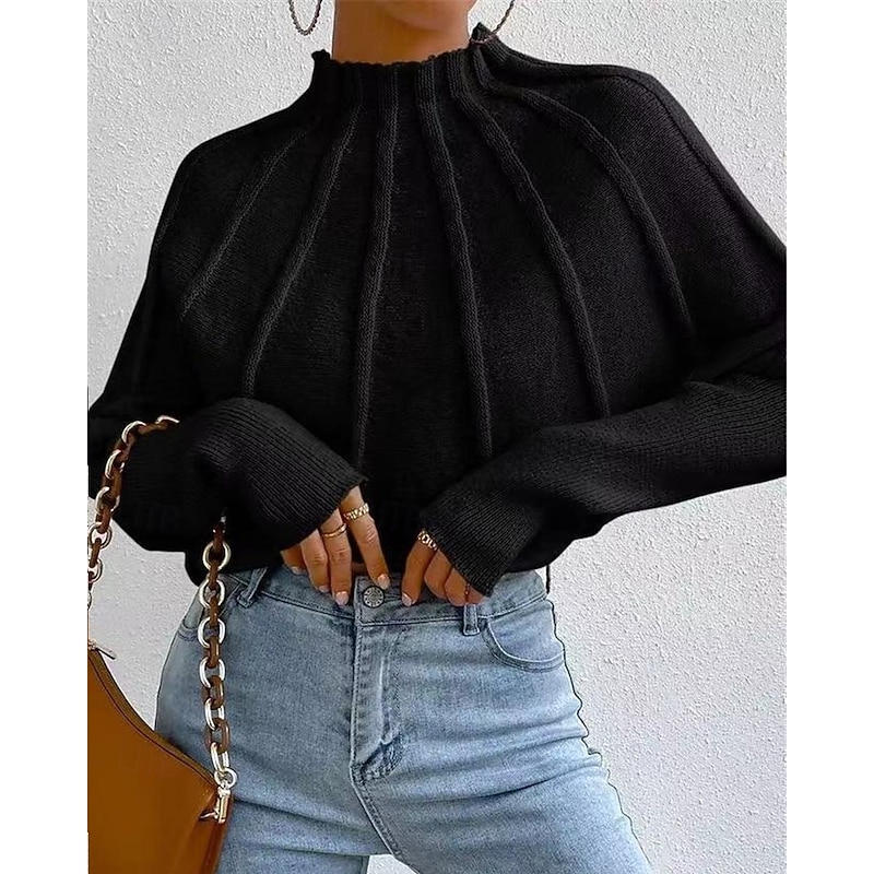 Women's Sweater Pullover Fashion Casual Solid Color Ribbed Mock Neck Knitted Long Sleeve Regular Tops Knit Outdoor Daily Weekend Black Blue Fall Winter4