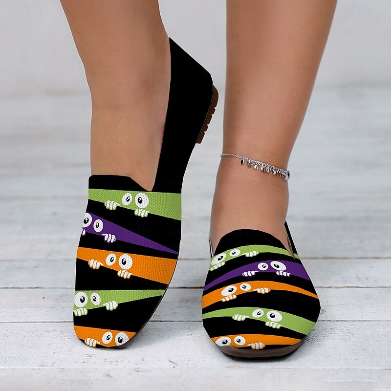 Women's Halloween Cat Print Loafers – Black and White Flyknit Slip-on Shoes with Cute Cartoon Design for Casual Party Outfits