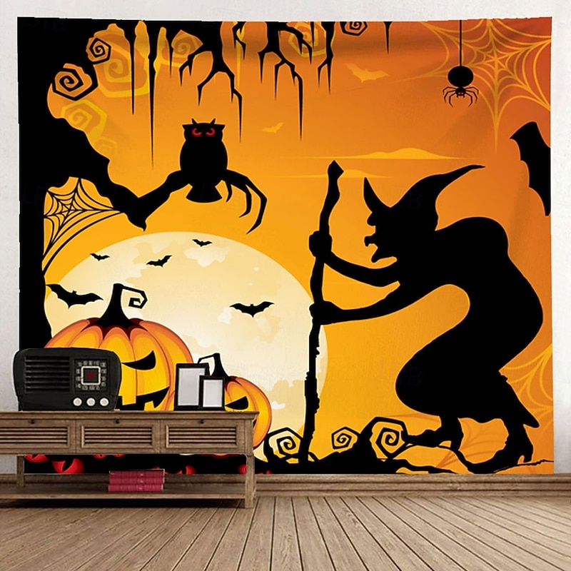 Halloween Witch Pumpkin Sunset Tapestry Peach Velvet Wall Banner Silhouette Bats Bare Trees Scary Night Halloween Party Decoration Photography Background