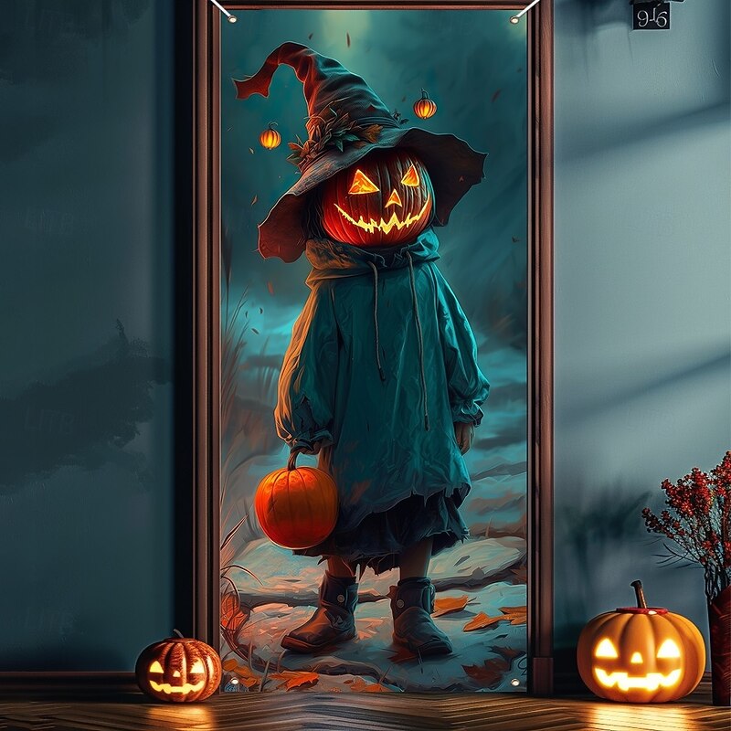 Halloween Door Covers Pumpkin and Scarecrow Tapestry Door Curtain Decoration, Spooky Harvest Backdrop Door Banner for Front Door Indoor Outdoor Haunted House Halloween Party Decor4