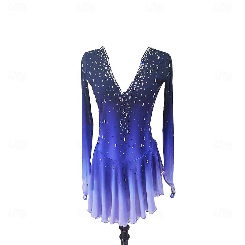 Figure Skating Dress Women's Girls' Ice Skating Dress Blue+Light Blue Patchwork Thumbhole Spandex High Elasticity Training Professional Competition Skating Wear Classic Crystal / Rhinestone Long