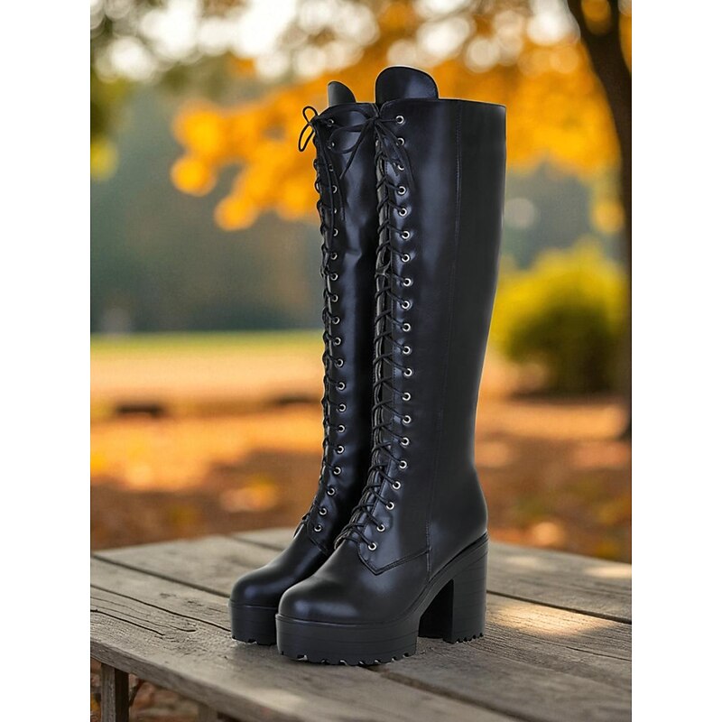 Women's Black Platform Knee-High Lace-Up Boots - Faux Leather Chunky Heel Gothic Boots for Fall Winter Streetwear , Daily Outfits and Halloween Fashion4