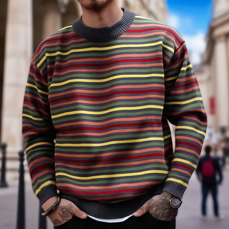 Men's Horizontal Stripes Pullover Sweater Jumper Knitwear Crewneck Casual Vacation Home Street 3D Print Knitting Keep Warm Long Sleeve Spring Fall Winter Red