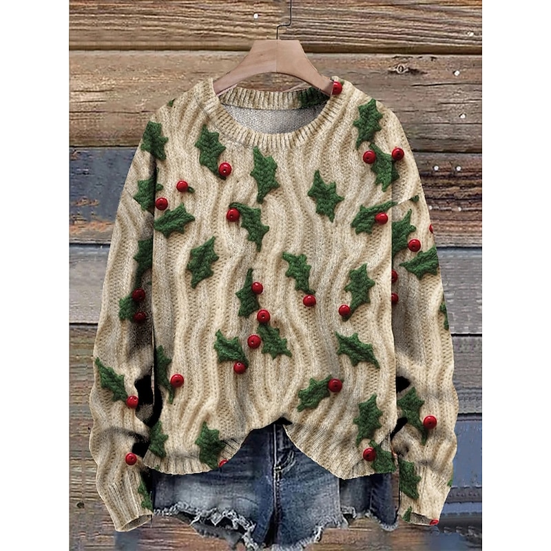 Women's Sweater Pullover Daily Casual Floral Graphic Ribbed Crew Neck Knitted Print Long Sleeve Regular Tops Knit Outdoor Weekend Green Fall Winter