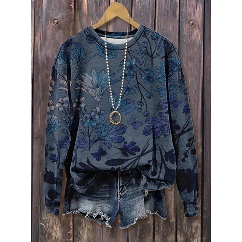 Women's Pullover Sweatshirt Floral Graphic Fashion Casual Long Sleeve Crew Neck Regular Tops Street Dailywear Casual Print Blue Purple Dark Gray Gray Fall Winter2