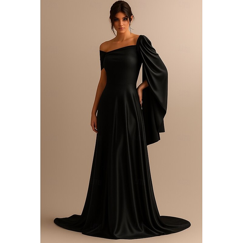 Red Black A-Line Evening Gown Elegant Dress Formal Wedding Floor Length 3/4 Length Sleeve Off Shoulder Pocket Stretch Satin with Ruched 20254