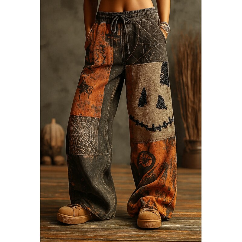 Women's Culottes Wide Leg Wide Leg Vacation Vintage Ethnic Style Full Length High WaistPantsHalloween Graphic Pumpkin Monster Drawstring Patchwork Printing Quick Dry Breathability Soft Inelastic