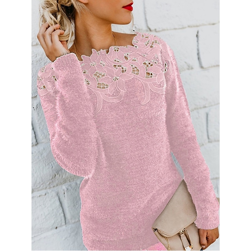 Women's Sweater Elegant Casual Soft Pure Color Ribbed Crew Neck Lace Patchwork Knitted Long Sleeve Regular Tops Knit Outdoor Daily Weekend Black Pink Fall Winter3