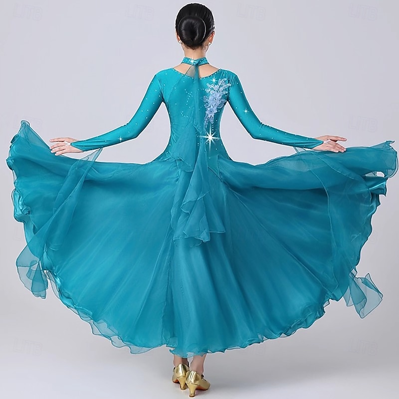 Ballroom Dance Dress Crystals / Rhinestones Women's Performance Party Long Sleeve Modern Waltz Dance Costumes2