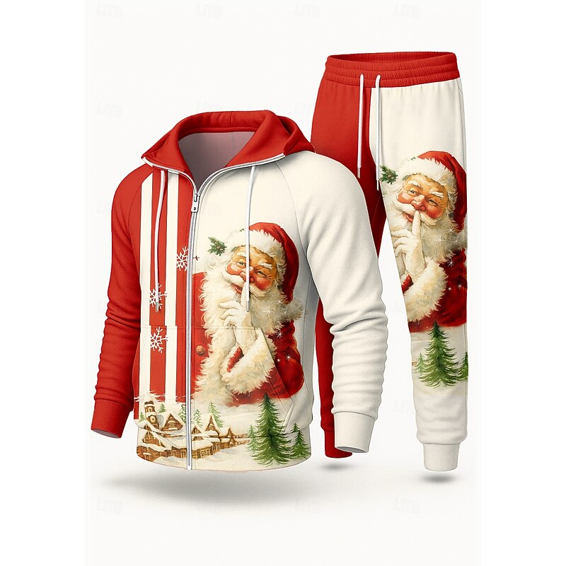 Christmas Men's Hoodie Tracksuit 2 Piece Tracksuit Drawstring Zip Up Color Block Clothing Suit Fall Red Casual Vocation Outdoor Lightweight Fashion Long Sleeve Sport Activewear Stretchy Regular Fit