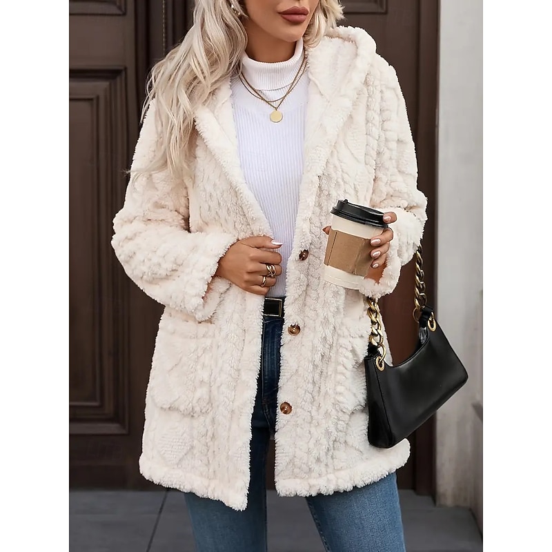 Women's Sherpa Jacket Comfortable Breathable Jacquard Buttons Elegant Casual Plain Vacation Street Casual Daily Wear Single Breasted Long Hooded Regular Fit Long Sleeve Outerwear Beige Spring Fall3