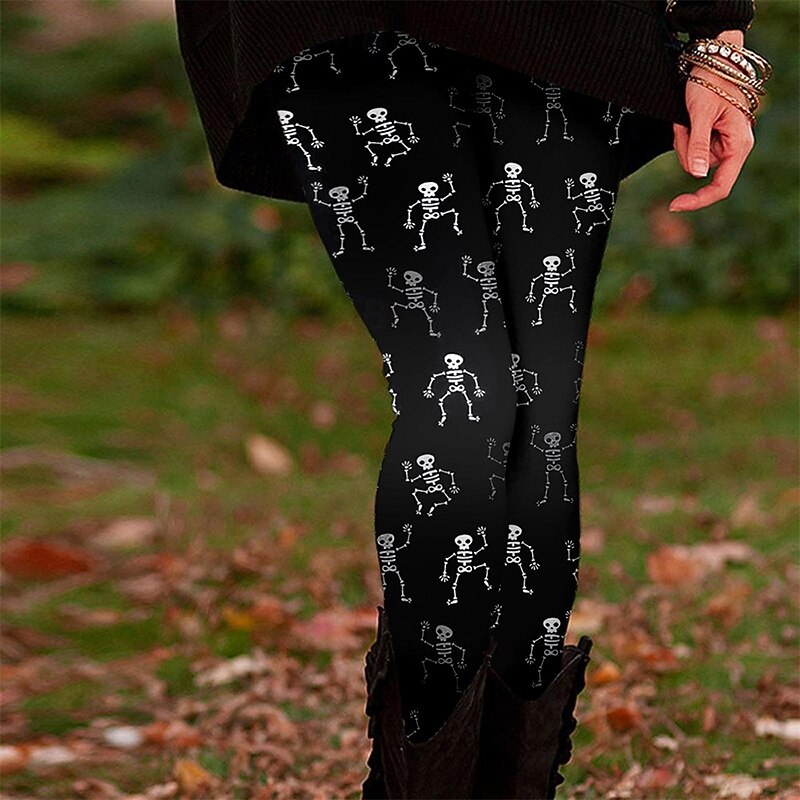 Women's Leggings Cozy Leggings Basic Casual Full Length High WaistPantsHalloween Skull Printing Thermal Warm Comfortable Stretchy Vacation Casual Daily Black Fall Winter Regular Fit