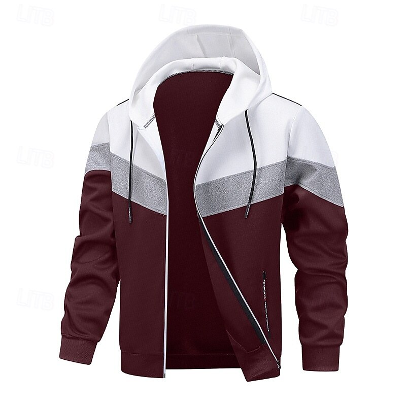 Men's Hoodie Full Zip Hoodie Wine Red Black Navy Blue Khaki Light Grey Hooded Plain Patchwork Color Block Sports & Outdoor Casual Daily Streetwear Cool Sportswear Fall Spring &  Fall Clothing Apparel3