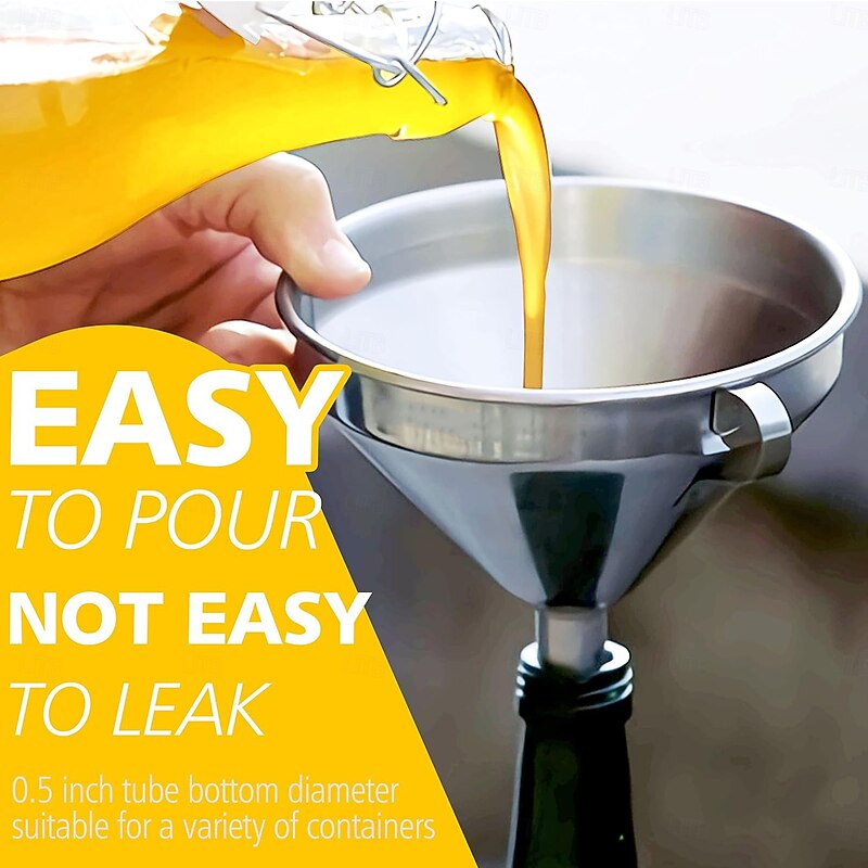 Stainless Steel Kitchen Funnel with 2 Detachable Strainers Multi-Use Premium Metal Food Grade Cooking Funnels with 2 Removable Strainer Filter for Transferring Liquid or Dry ingredients Oils2