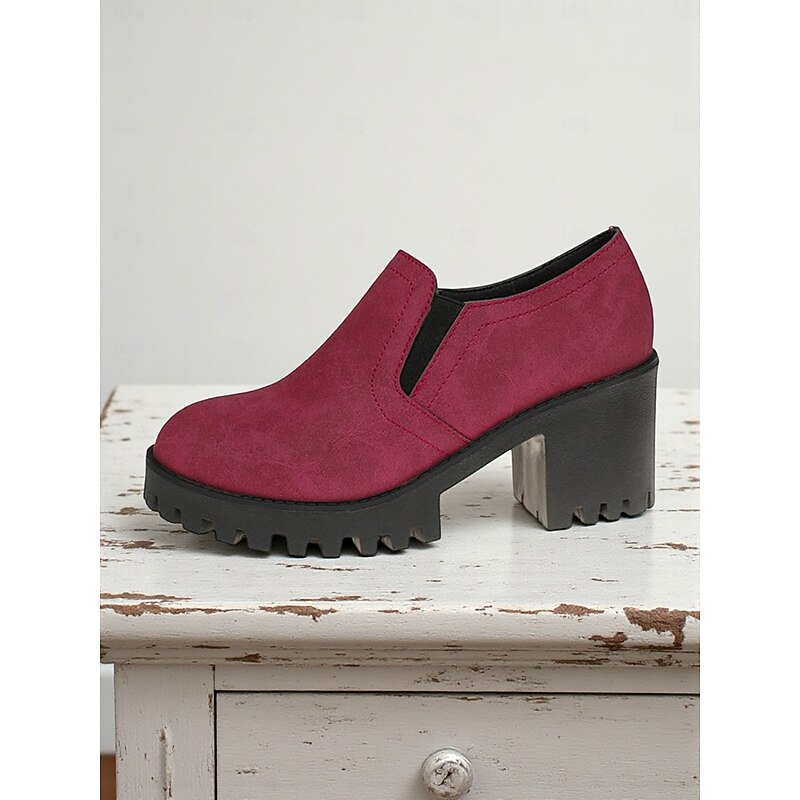 Women's Burgundy Chunky Heel Platform Shoes – Faux Leather Slip-On Shoes Toe Loafers for Casual Streetwear and Autumn Outfits2