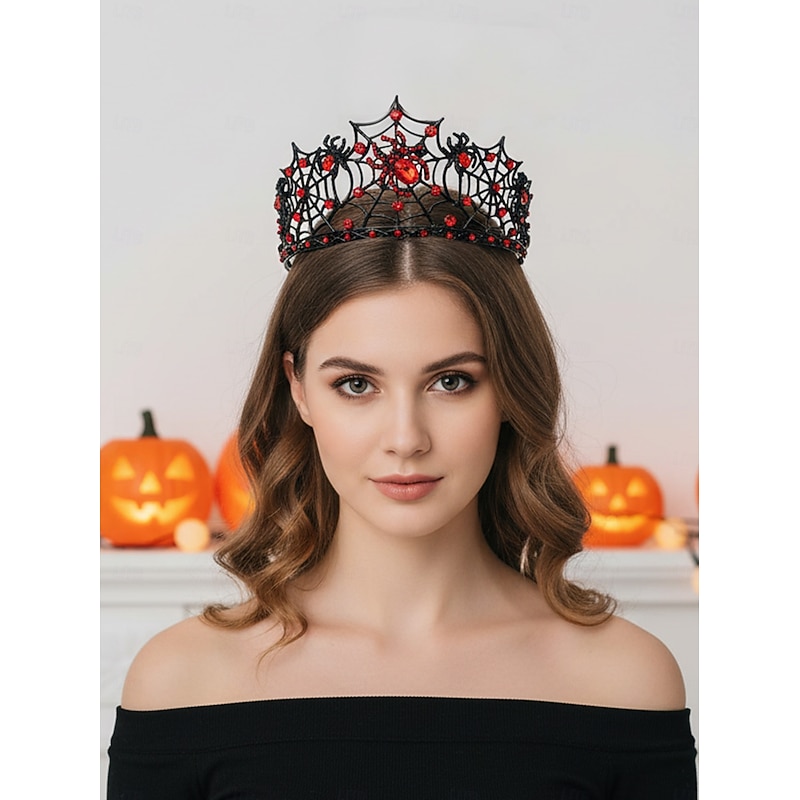 Women's Halloween Spider Web Crown with Red Rhinestones, Gothic Tiara Headpiece for Costume Party and Cosplay