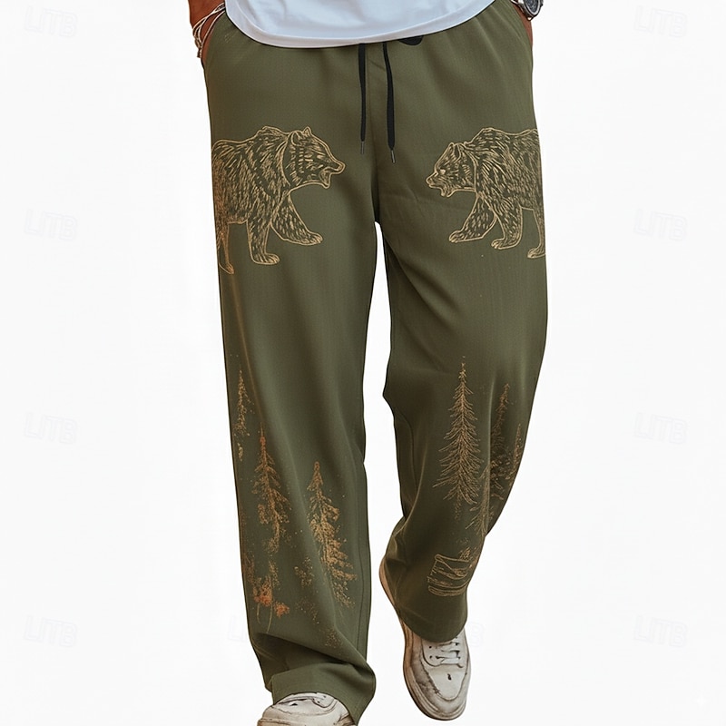 Men's Bear Forest Pants Trousers Casual Pants Mid Waist Drawstring Elastic Waist Vintage Retro Outdoor Camping & Hiking Hunting Straight Leg Trousers Spring Fall 3D Print Brown Green Dark Blue3