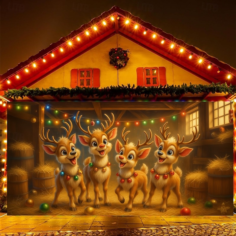 Christmas Garage Door Cover 2025 Xmas Reindeer Family Winter Scene Backdrop Banner, Holiday Outdoor Garage Decoration for Christmas Party and Home2