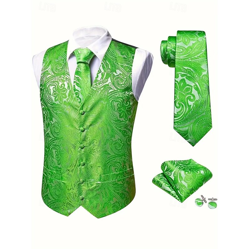 Men's Waistcoat Vest V Neck Party Paisley Burgundy Blue Green Tailored Fit2