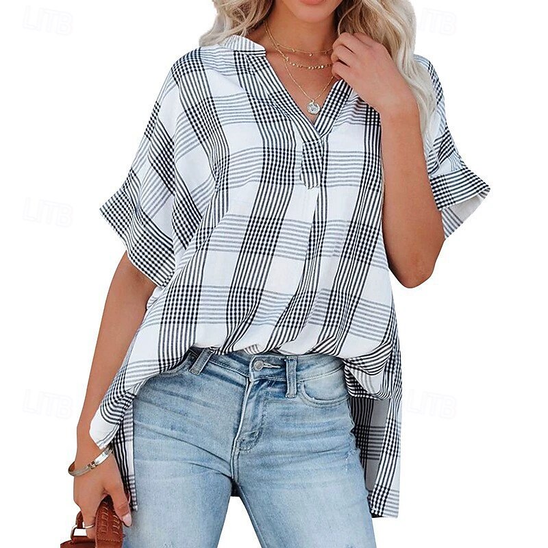 Women's Shirt Blouse Striped Modern Casual Short Sleeve V Neck Regular Tops Daily Holiday Buttons Black And White Black Pink Wine Army Green Fall3