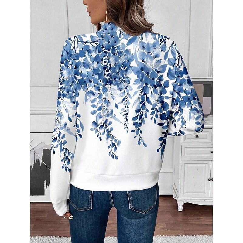 Women's Casual Jacket Warm Quick Dry Zipper Pocket Elegant Fashion Daily Simple Floral Vacation Casual Daily Holiday Short Baseball Collar Regular Fit Long Sleeve Outerwear Blue Green Spring Fall2