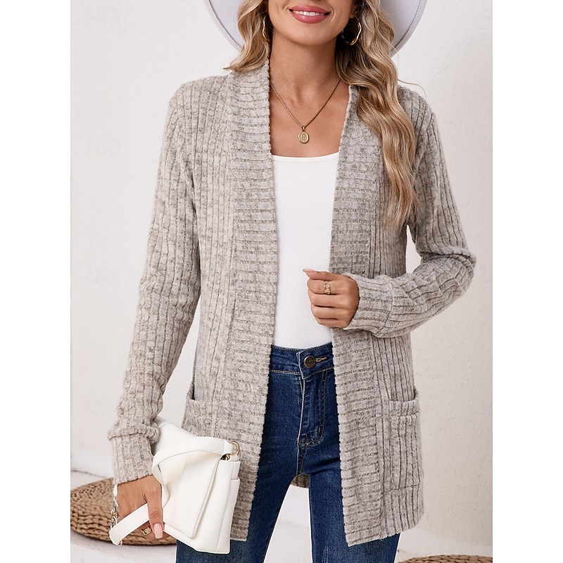 Women's Sweater Cardigan Elegant Fashion Streetwear Pure Color Open Front Pocket Knitted Long Sleeve Regular Tops Knit Outdoor Daily Weekend Black Wine Fall Winter3