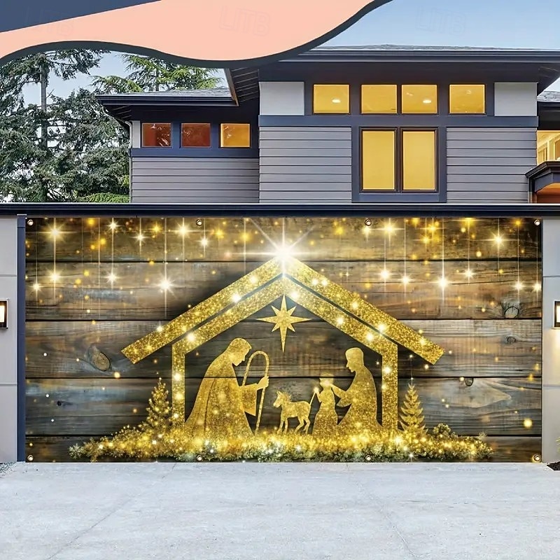 Christmas Garage Door Cover 2025 Xmas Nativity Scene with Holy Family Backdrop Banner, Holiday Outdoor Garage Decoration for Church, Yard and Party2