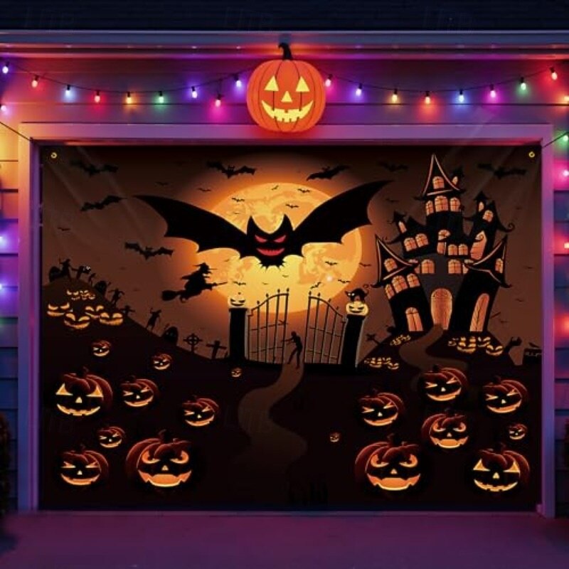 Halloween Garage Door Cover Horror Night Moon Lantern Pumpkin Ghost Large Outdoor Banner with Grommets Yard Front Porch Wall Decorations3
