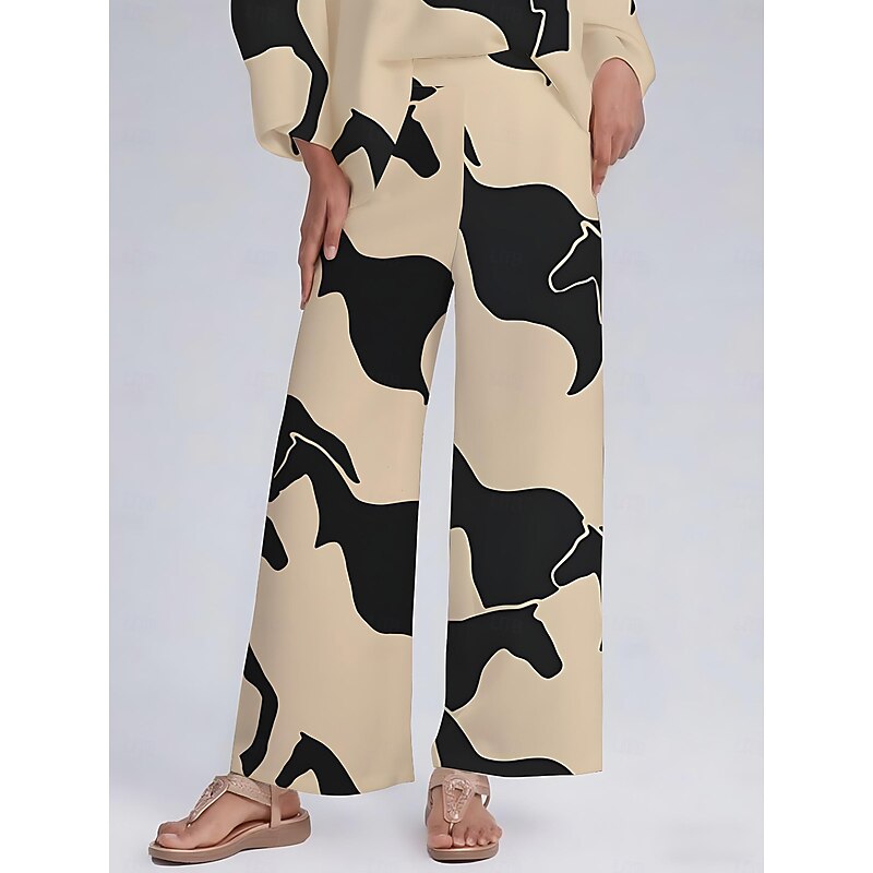 Women's Wide Leg Pants Satin Abstract Geometric Print Elastic Waist Pleated Casual Elegant Spring Summer Fall