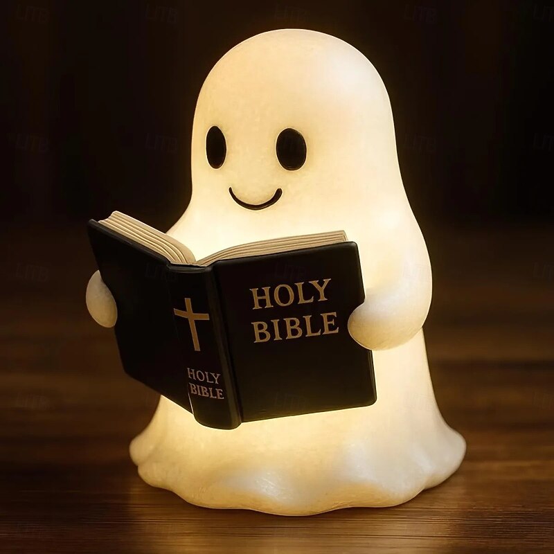 Ghost Bible Lamp Cute 3D Resin Ghost Reading Figurine Night Light with Warm LED Glow Halloween Bedroom Decor Unique Table Lamp Gift for Party Bedroom Shelf Table Decoration2