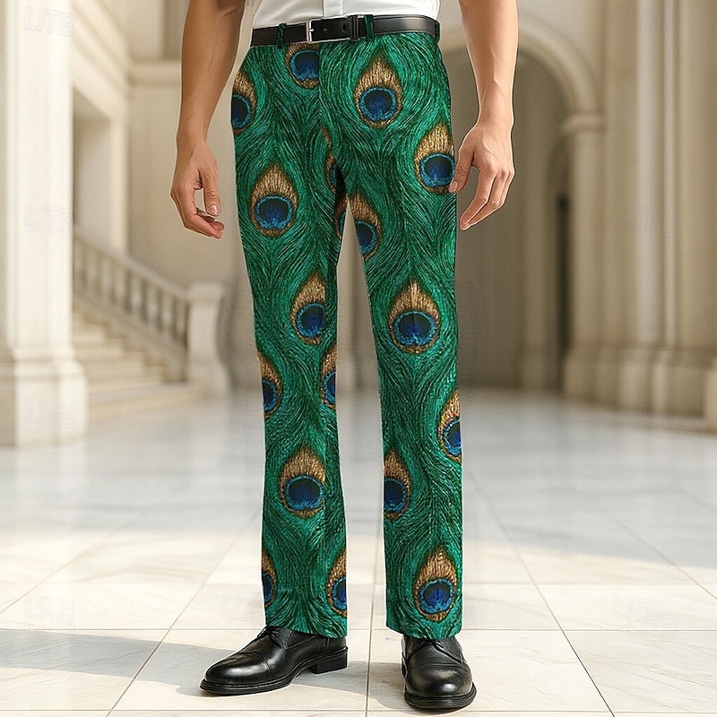 Men's Dress Pants Trousers Casual Pants Suit Pants Peacock Feather Full Length Vacation Party Retro Vintage Blue Green Micro-elastic