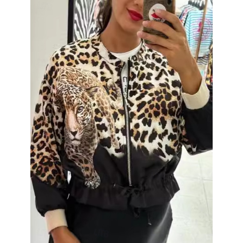 Women's Bomber Jacket Casual Jacket Comfortable Breathable Zipper Print Casual Leopard Vacation Street Casual Daily Wear Zipper Short Stand Collar Regular Fit Long Sleeve Outerwear Black White Pink - Main Image