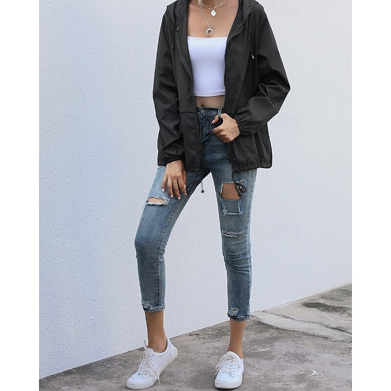 Women's Hoodie Jacket Comfortable Zipper Pocket Casual Plain Vacation Daily Wear Going out Weekend Regular Hooded Regular Fit Long Sleeve Outerwear Black Wine Light Grey Spring Fall2