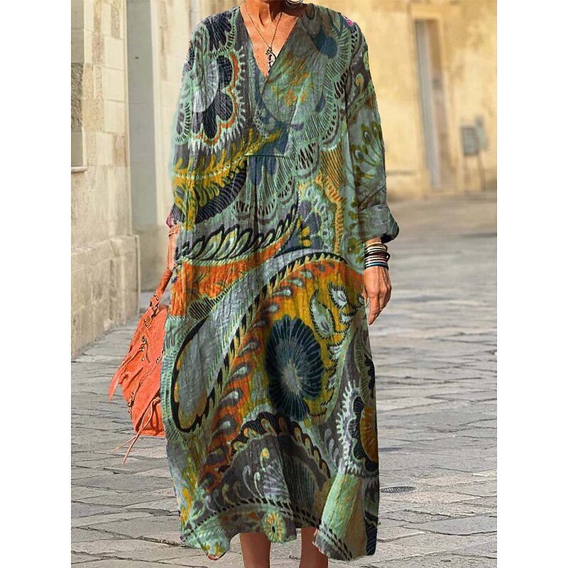 Women's Midi Dress Sundress A Line Dress Vacation Casual Boho Going out Beach Loose Fit Graphic Geometric Long Sleeve V Neck Pink Blue Light Purple Brown Spring Fall Winter Autumn3
