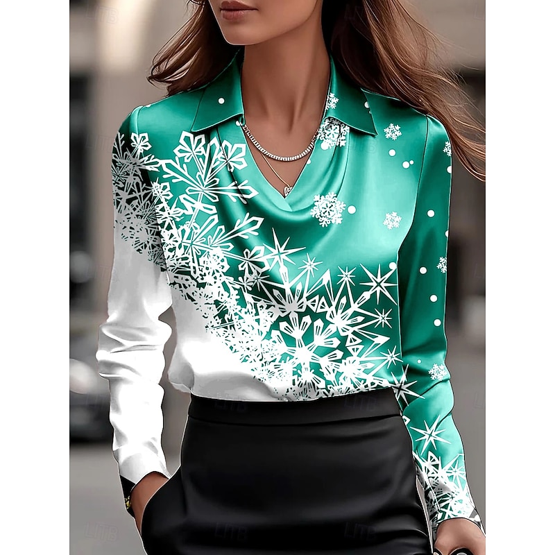 Christmas Women's Shirt Ombre Graphic Snowflake Elegant Stylish Casual Long Sleeve Cowl Neck Regular Tops Work Party Evening Wear Daily Ruched Draped Red Royal Blue Emerald Green Fall Winter3