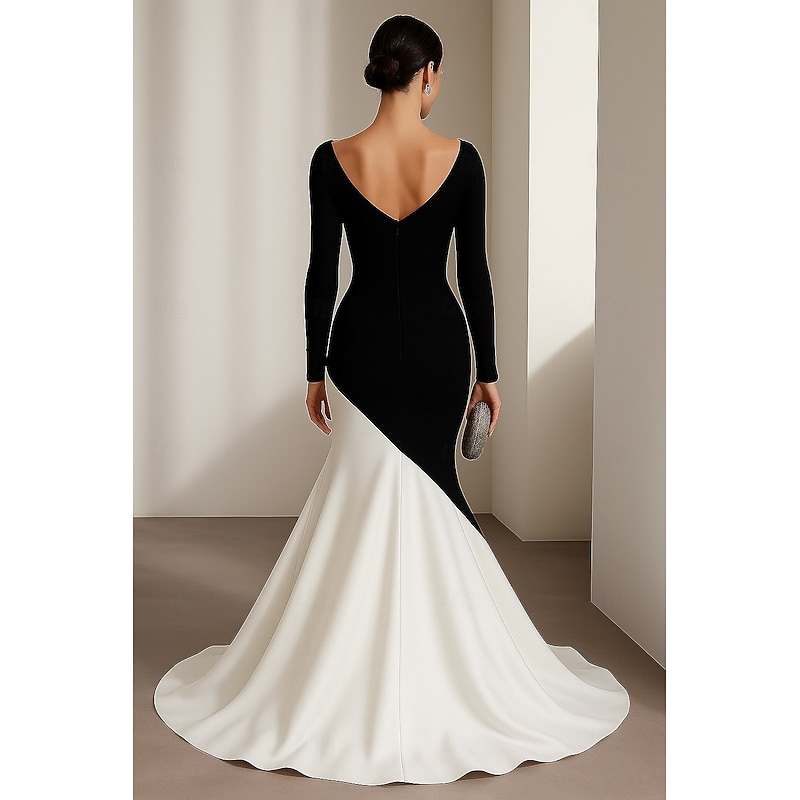 Black White Mermaid / Trumpet Evening Gown Elegant Formal Dress Formal Wedding Floor Length Long Sleeve V Neck Stretch Crepe with Pleats Crystals Beading 20252