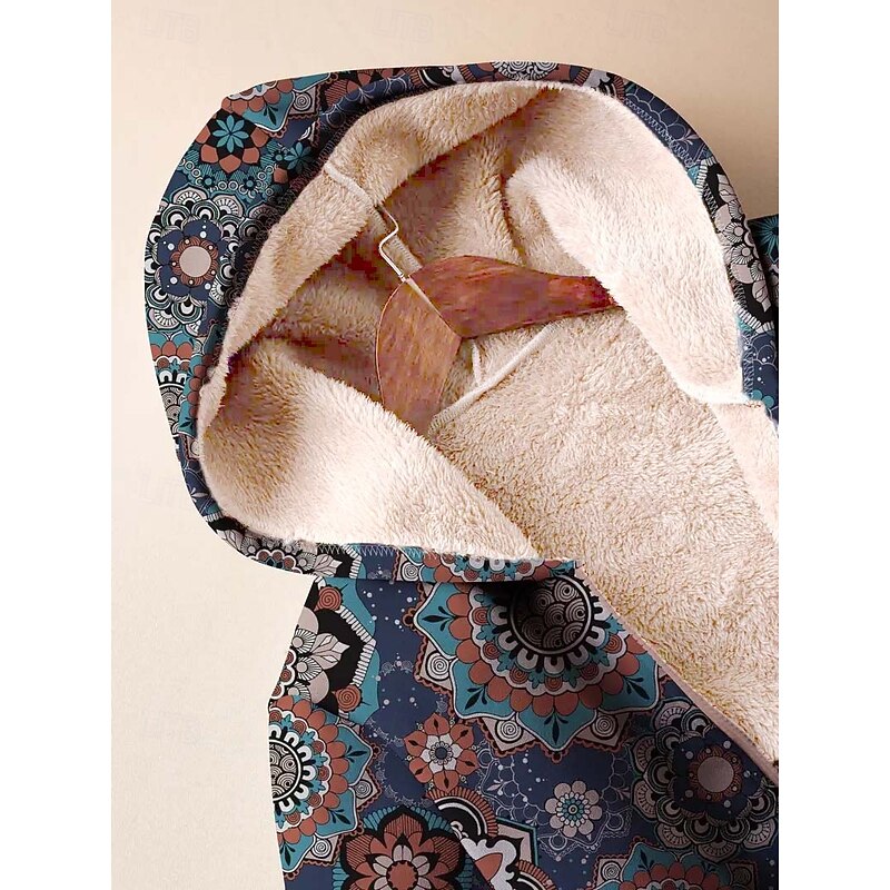 Women's Zip Up Hoodies Floral Graphic Geometric Warm Active Vintage Long Sleeve Hooded Regular Tops Home Work Party Evening Wear Print Dark Blue Spring Fall Winter3