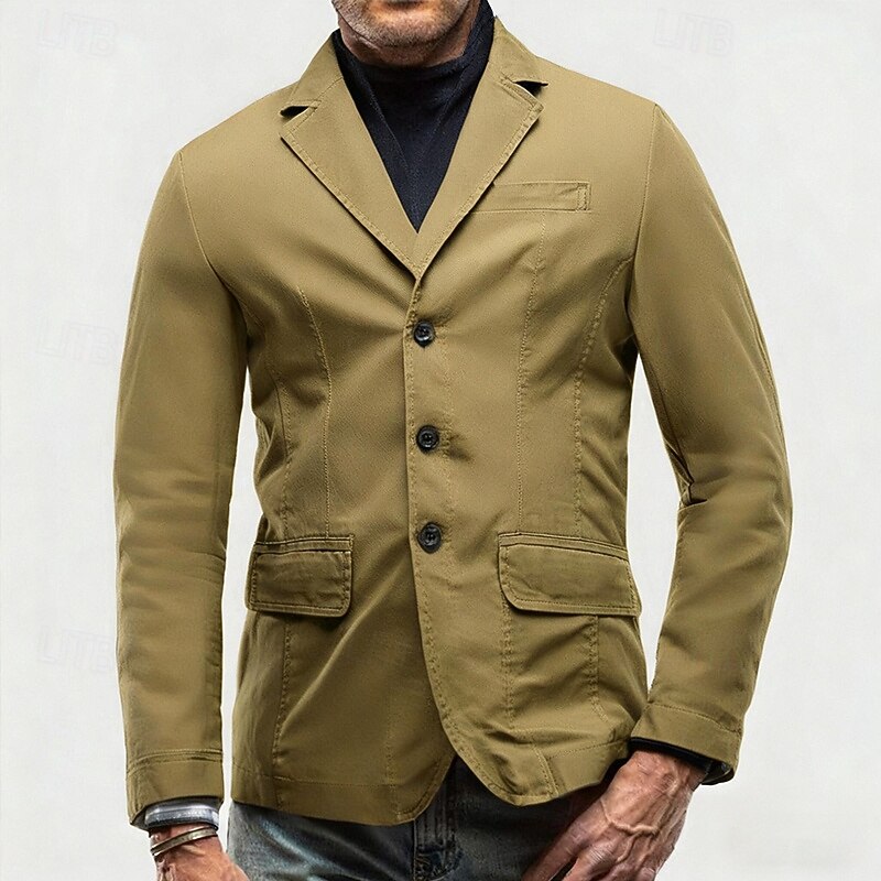 Men's Blazer Business Cocktail Party Wedding Party Fashion Casual Spring Fall 100% Cotton Plain Pocket Buttons Comfortable Single Breasted Blazer Black khaki Army Green