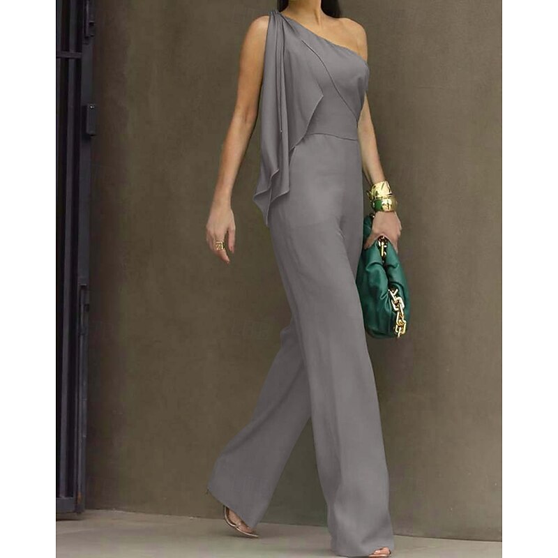 Jumpsuit / Pantsuit Mother of the Bride  Wedding Guest Elegant Simple Minimalist One Shoulder Floor Length Polyester Sleeveless with Bow(s) Ruffles Solid Color4
